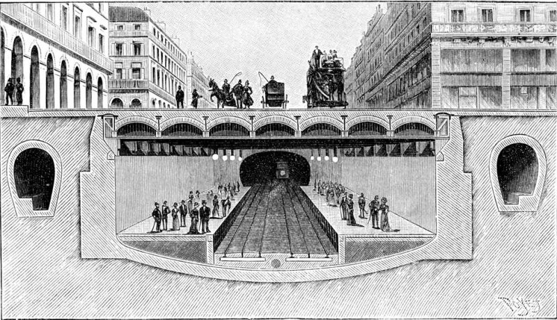 Příčný řez nádražím na náměstí Palais Royal. - klikněte pro zobrazení detailu