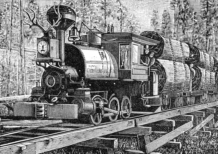 zobrazit detail historického snímku: Zálesácká lokomotiva pro dopravu dříví v Americe.