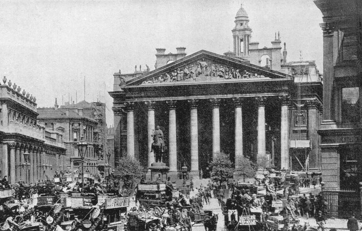 zobrazit detail historického snímku: Ruch před anglickou bankou a královskou bursou v Londýně.