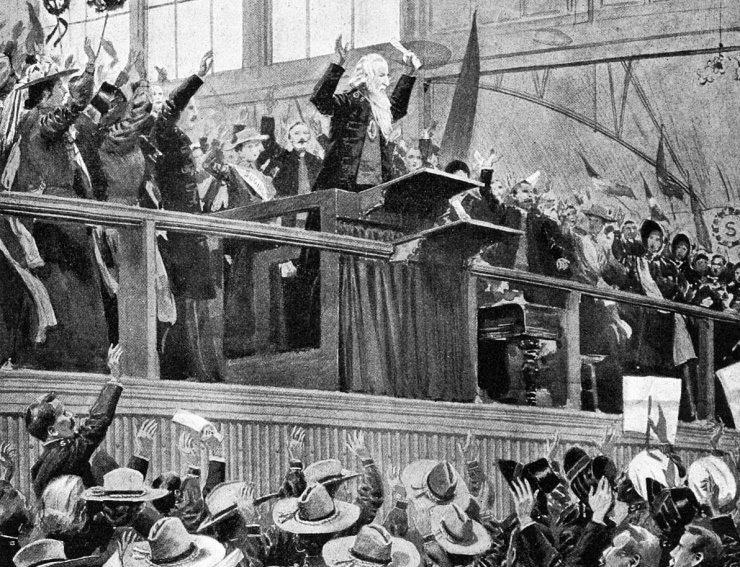 zobrazit detail historického snímku: Náčelník „armády spásy“, Booth, řeční na kongresu londýnskem.
