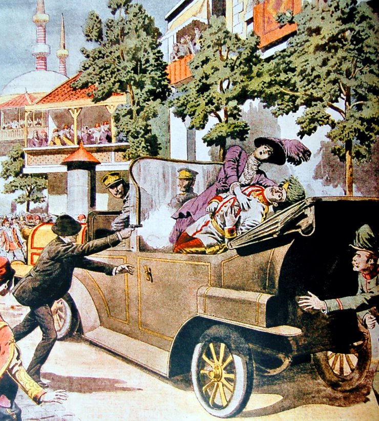 zobrazit detail historického snímku: Atentát na arcivévodu Františka Ferdinanda d'Este.