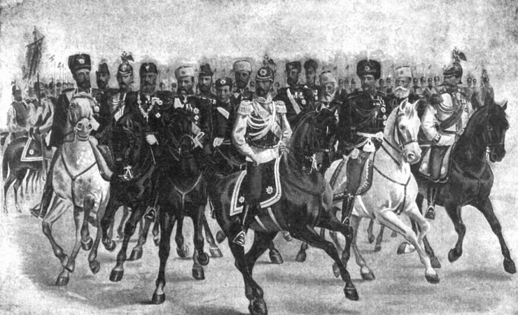 zobrazit detail historického snímku: Car Mikuláš II. v kruhu velkoknížat a ministrů.