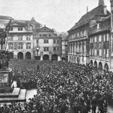 Praha na podzim r. 1905. Demonstrace za všeobecné hlasovací právo na Malostranském námestí.