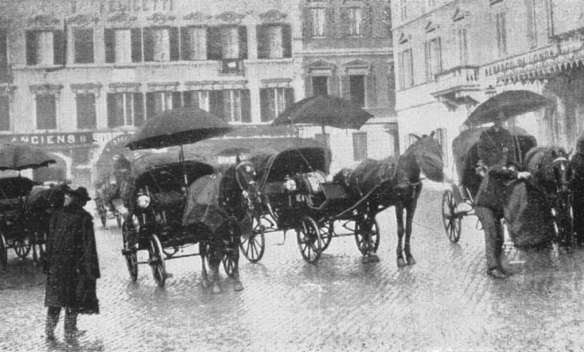 Povozy s deštníky v Římě. - klikněte pro zobrazení detailu