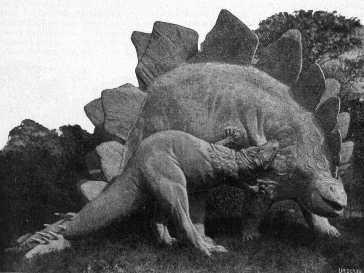 zobrazit detail historického snímku: V Hagenbeck-ově předpotopním zvěřinci: Stegosaurus.