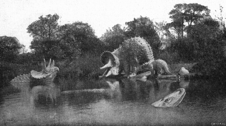 zobrazit detail historického snímku: V Hagenbeck-ově předpotopním zvěřinci: Triceratops.
