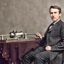 kolorovaná fotografie Thomas Alva Edison a fonograf.