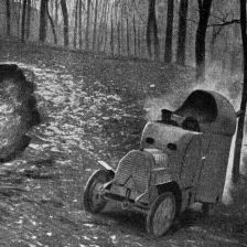 Válečný automobil za jízdy lesem.