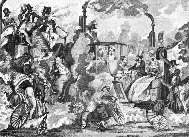 zobrazit detail historického snímku: Stará karikatura prvních automobilů.