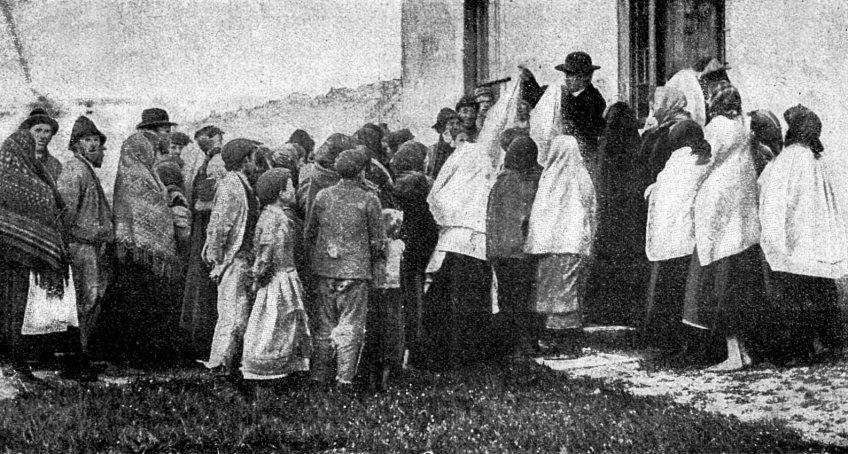 Hladové obyvatelstvo irské před vraty klášterními. - klikněte pro zobrazení detailu