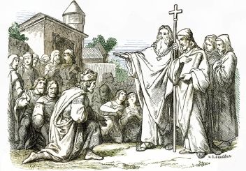 zobrazit detail historického snímku: Rostislav vítá blahozvěsty slovanské sv. Konstantina a Metoděje.