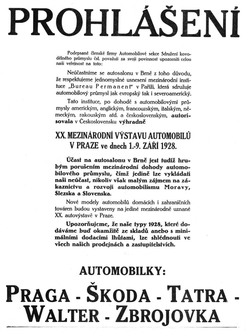 zobrazit detail historického snímku: Prohlášení automobilek Praga, Škoda, Tatra, Walter a Zbrojovka k autosalonu v Brně.