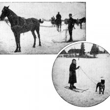 retro fotografie Jízda na lyžích tažených psem a koňem.