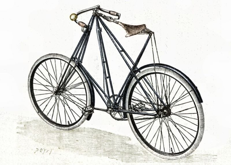 zobrazit detail historického snímku: Bicykl »Pedersen« s rámem soustavy trojúhelníkové a sedlem »hamac« (visutá síť).