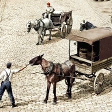 kolorovaná fotografie Povozy tažené koňmi.