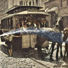 kolorovaná fotografie Postřikování koní za vedra v New-Yorku.