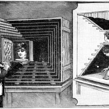 retro fotografie 1. Kouzelník okazuje sťatou hlavu. — 2. Vnitřek bedny s ukrytou damou.