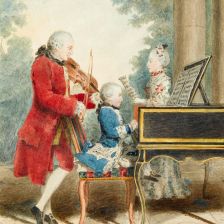 Malý Wolfgang Amadeus Mozart se svým otcem Leopoldem a sestrou Marie Anne.