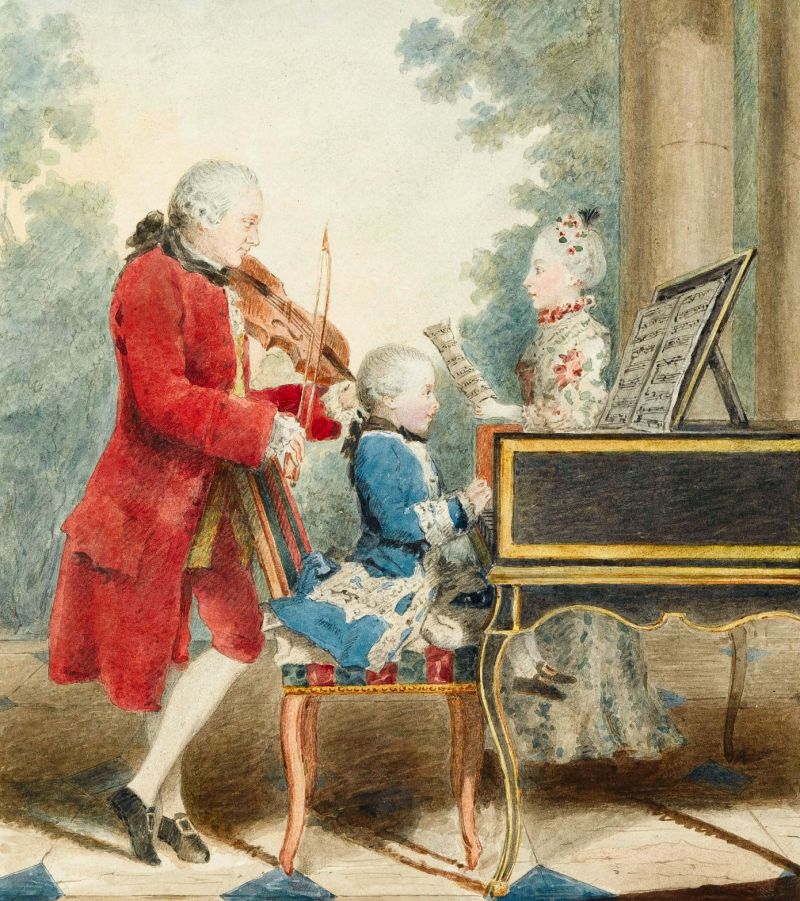 zobrazit detail historického snímku: Malý Wolfgang Amadeus Mozart se svým otcem Leopoldem a sestrou Marie Anne.
