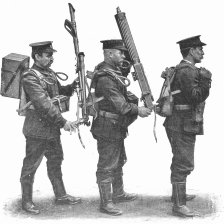 retro fotografie Doprava samočinné mitrailleusy třemi muži.