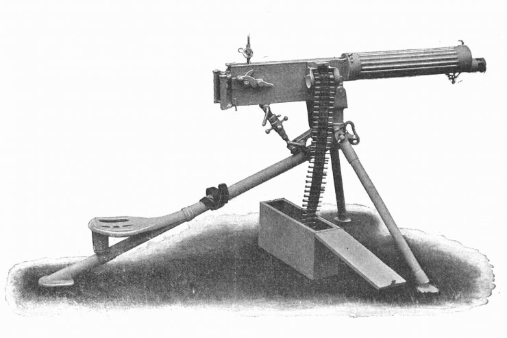 zobrazit detail historického snímku: Samočinná mitrailleusa připravená ke střelbě.