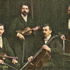 kolorovaná fotografie Pražské typografické smyčcové kvarteto.
