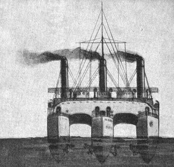 Návrh trojitého okeanského parníku. Pohled od předu. - klikněte pro zobrazení detailu Návrh trojitého okeanského parníku. Pohled od předu. - klikněte pro zobrazení detailu