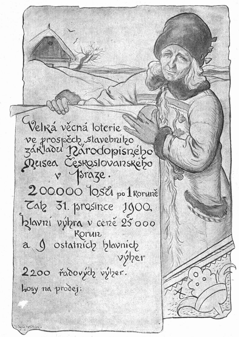 zobrazit detail historického snímku: Plakát vecné loterie ve prospěch Národopisného musea v Praze.