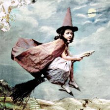 kolorovaná fotografie Malá čarodějnice na koštěti.