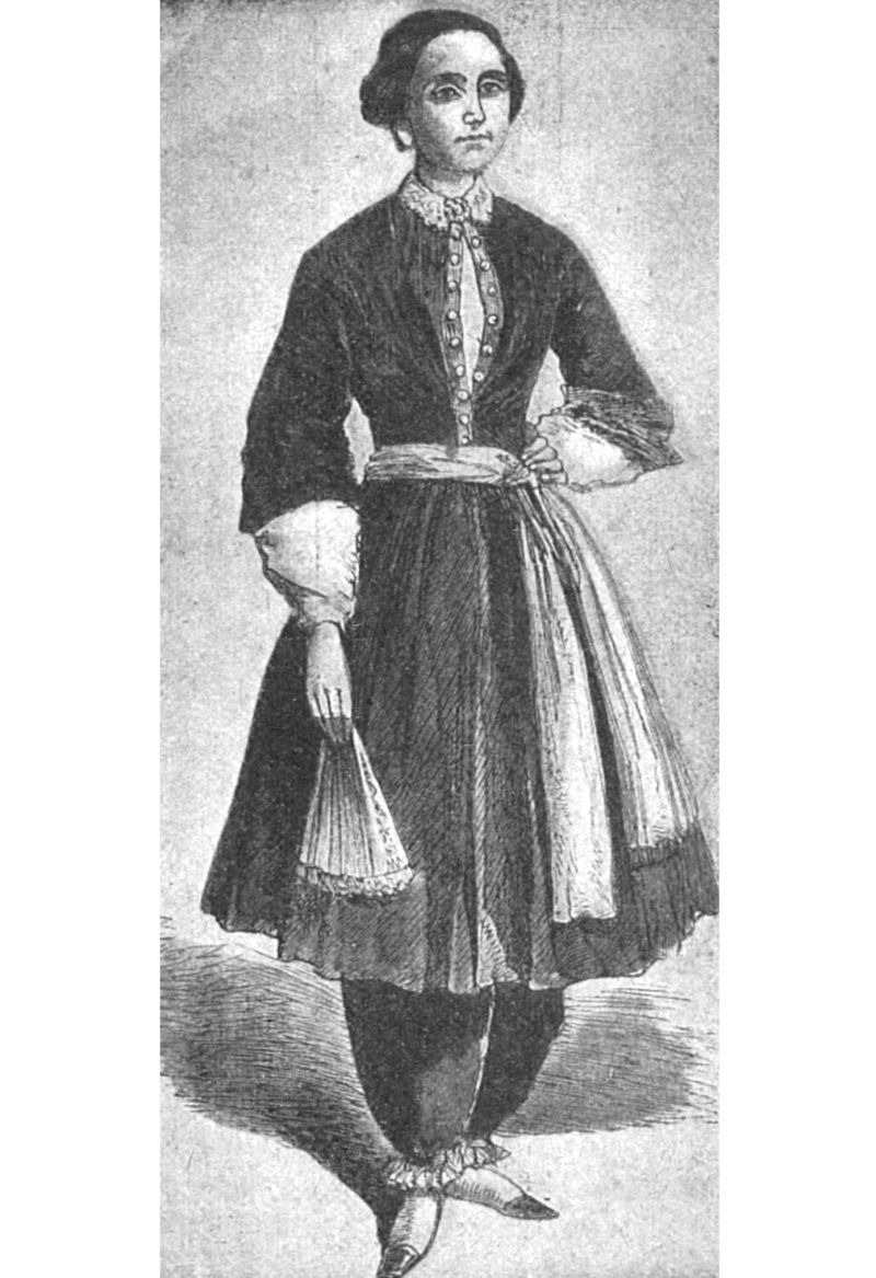 zobrazit detail historického snímku: Američanka mis Bloomer, reformátorka dámského oděvu, ve svém zlepšeném kroji.