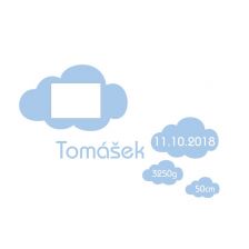 Samolepka se jménem na přání, daty narození a s fotkou v mráčku