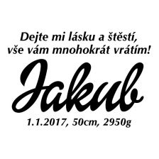 Samolepka se jménem na přání s daty o narození a slibem