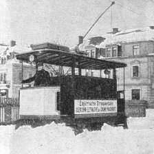 retro fotografie Elektrický tramwayový pluh na sníh.