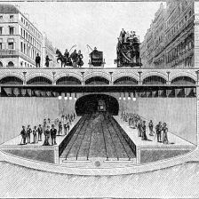 Příčný řez nádražím na náměstí Palais Royal.
