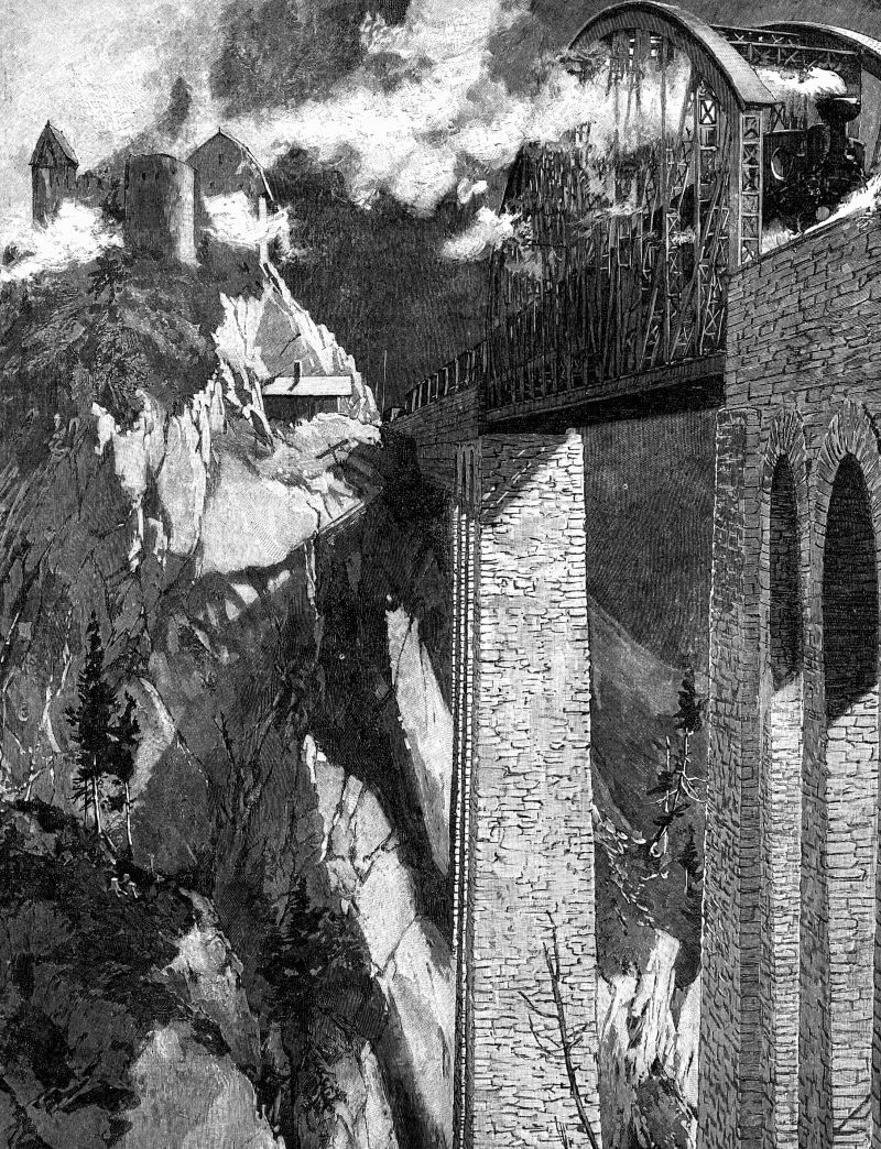 zobrazit detail historického snímku: Most Trisanna, nejvyšší v Alpách, se zámkem Wiesbergem.