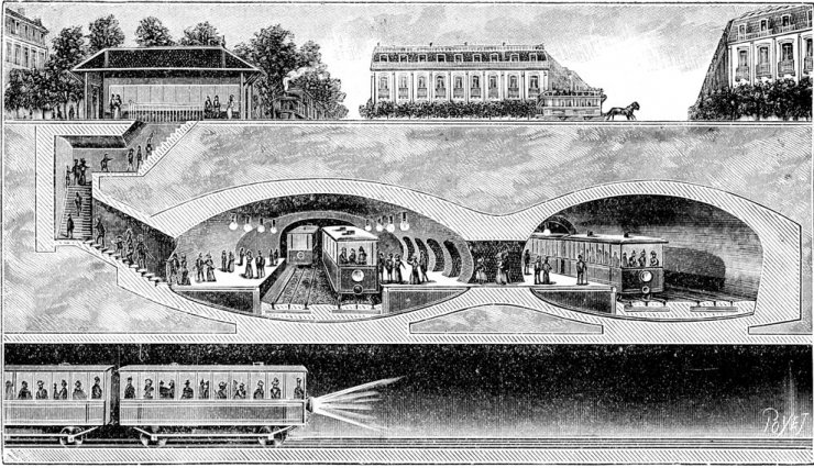zobrazit detail historického snímku: Příčný řez tunelovým nádražím na náměstí de l’Etoile.