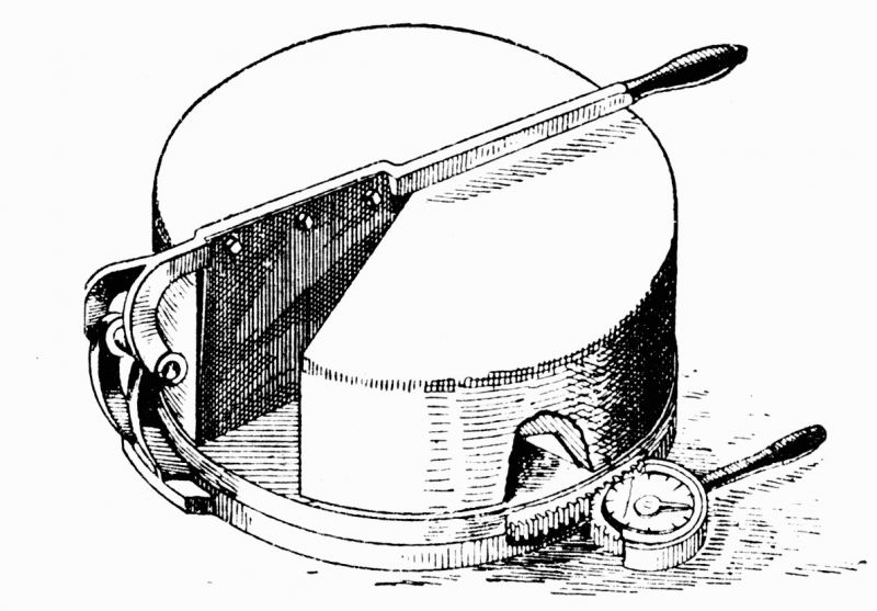 zobrazit detail historického snímku: Přístroj na pravidelné krájení sýrového bochníku.