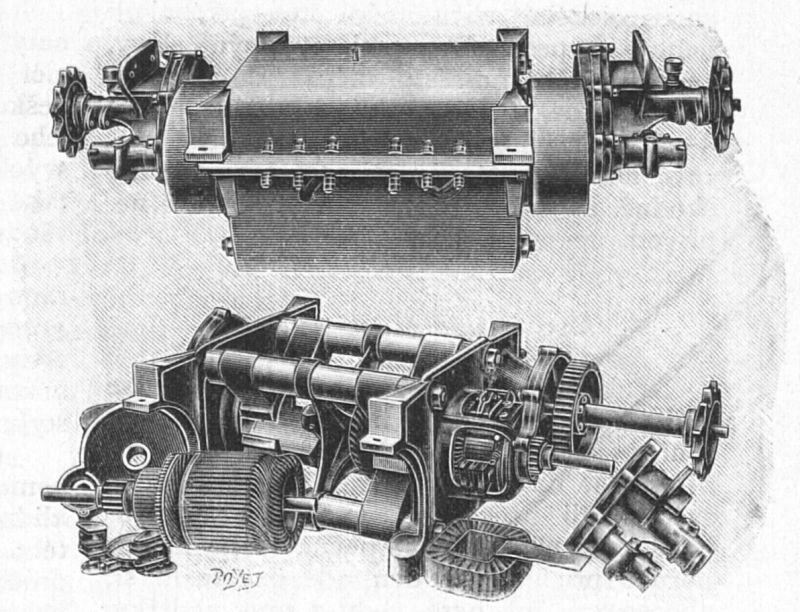 zobrazit detail historického snímku: Dole jest pohled na vnitřek elektrického motoru, nahoře vnější pohled.