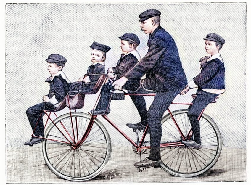 Rok 1896: Originální kolo, vhodné pro cyklovýlety celé rodiny: Když dnes chtějí rodiče s početnou rodinou...