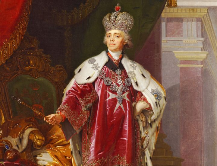 Ruský car Pavel v korunovačním rouchu a s korunovačními klenoty. - klikněte pro zobrazení detailu
