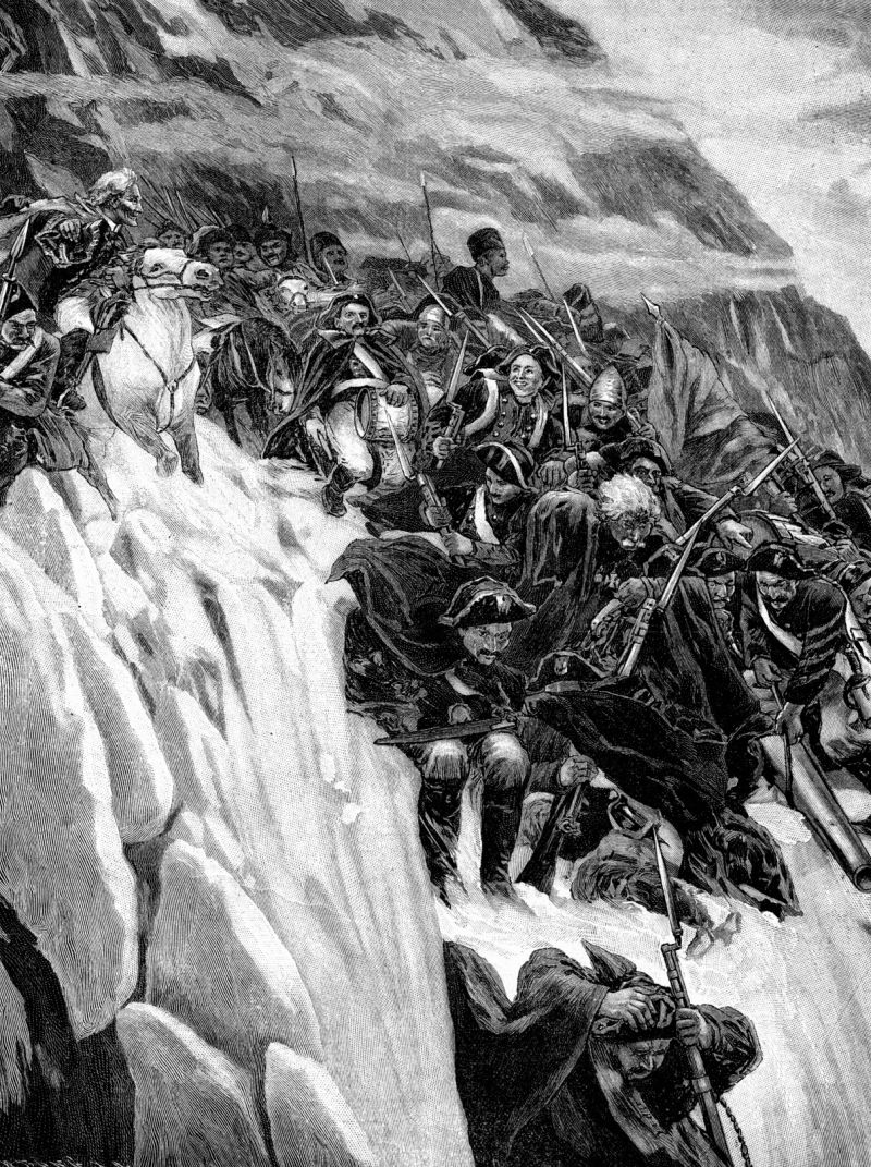 zobrazit detail historického snímku: Pochod Rusů Alpami švýcarskými r. 1799.