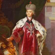 Ruský car Pavel v korunovačním rouchu a s korunovačními klenoty.
