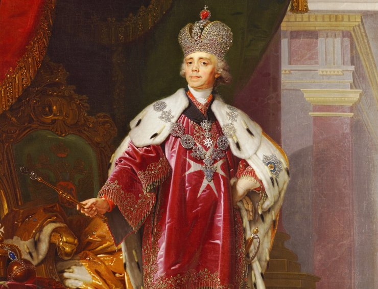 zobrazit detail historického snímku: Ruský car Pavel v korunovačním rouchu a s korunovačními klenoty.