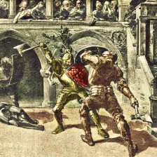 kolorovaná fotografie Středověký »soud boží« — rozhodnutí zbraní rytířskou.