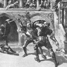 retro fotografie Středověký »soud boží« — rozhodnutí zbraní rytířskou.