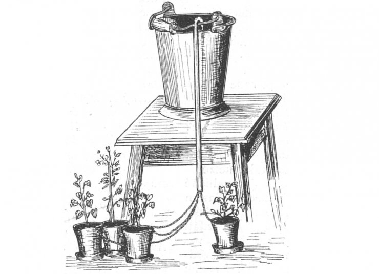zobrazit detail historického snímku: Samočinné zalévání květin v pokoji.
