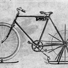 retro fotografie Bicykl přeměněný na lední saňky.