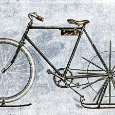retro fotografie Bicykl přeměněný na lední saňky.