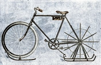 zobrazit detail historického snímku: Bicykl přeměněný na lední saňky.