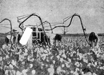 Elektrický stroj na sbírání bavlny při práci v bavlništi. - klikněte pro zobrazení detailu